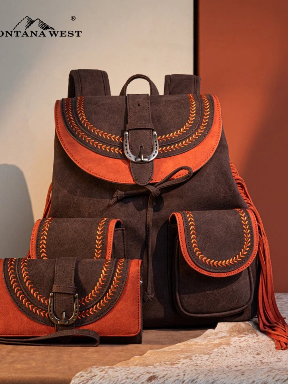 Montana West Fringe Buckle Collection Backpack Wallet Set - Coffee